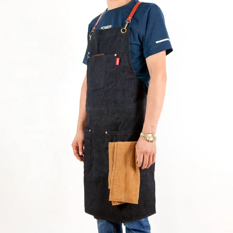 CHANGRONG Black denim work Split Leg apron for barista restaurant gardening custom logo