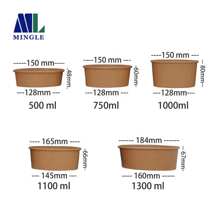 
500ml 750ml 1000ml 1300ml Kraft Compostable Salad Bowls with PET Lid,Take Away Salad Bowl 