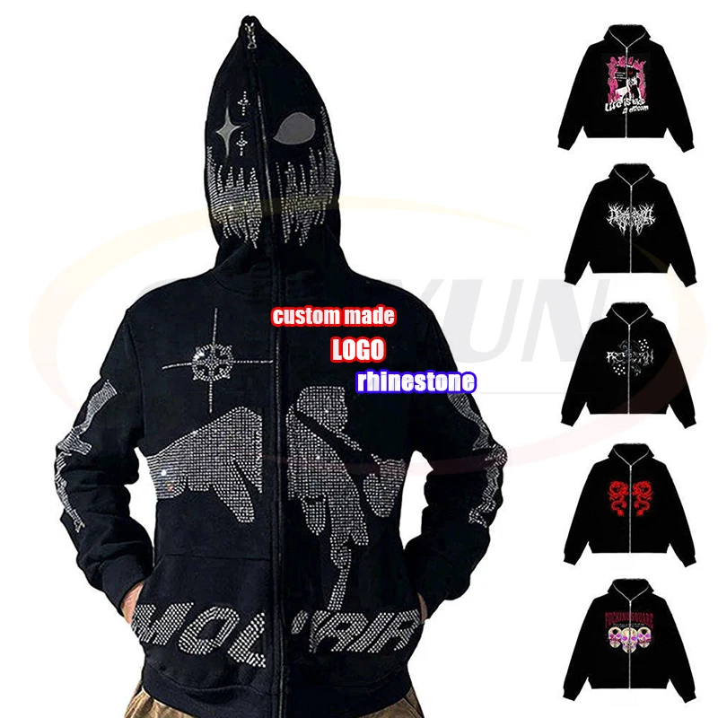 Hot Sell Puff Printing Streetwear Drop Shoulder Unisex Sweatshirt Embroidery Custom Logo Cotton Full Zip Up Rhinestone Hoodie