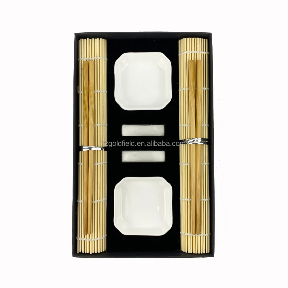 Customized white porcelain  bowl holder and  bamboo chopsticks  bamboo mat tableware gift set for 2 persons