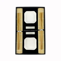 Customized white porcelain  bowl holder and  bamboo chopsticks  bamboo mat tableware gift set for 2 persons