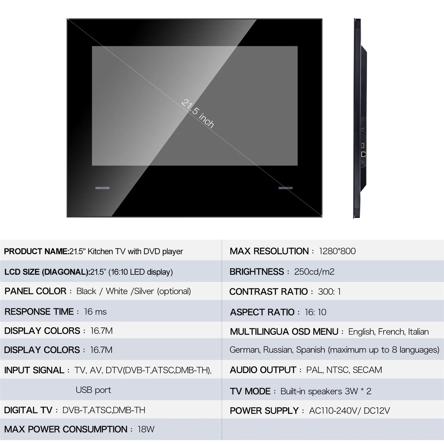 21,5 дюймовый черный смарт-телевизор с аудиовходом USB Android Кухня ТВ душевая комната водонепроницаемый телевизор