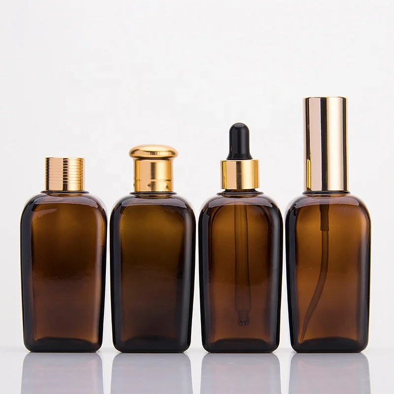 Empty amber 100ml square essence oil glass bottle cosmetics packaging separate lotion dropper glass bottles in stock