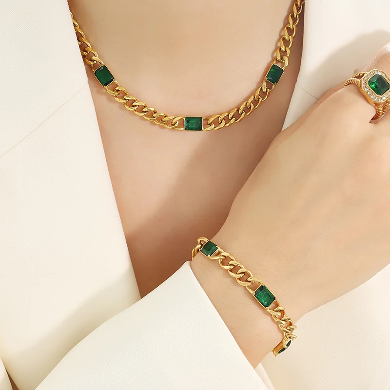 Wholesale Hip Hop Cuban Coarse Chain Green Glass Stone Pendant Necklace Bracelet Jewelry Sets