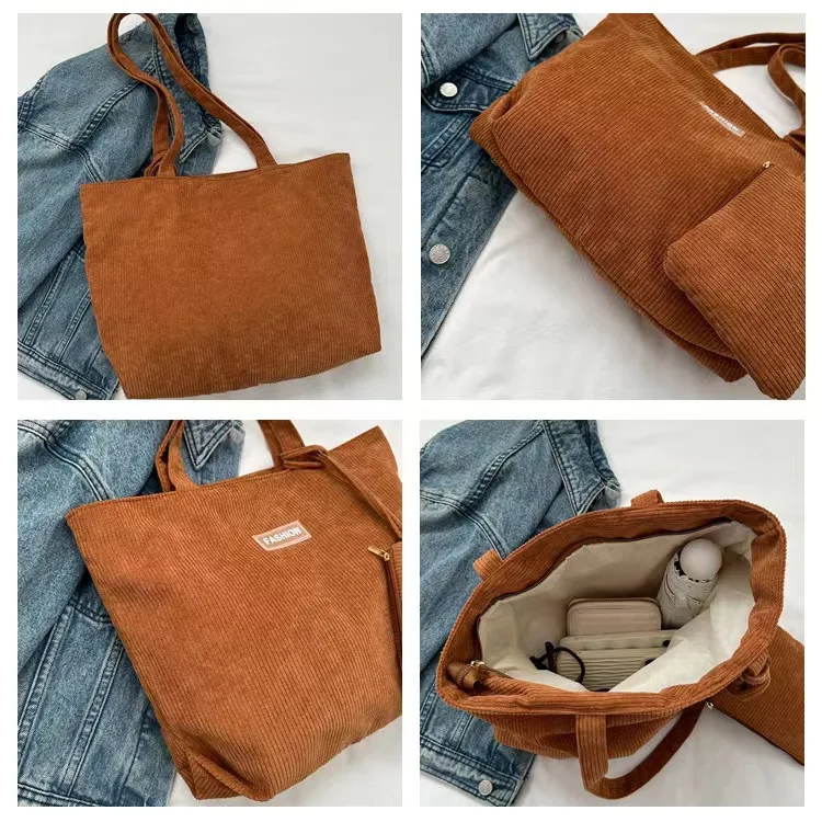 Buy a corduroy tote bag and send a makeup bag as a gift Corduroy Tote Bag for Women Canvas Shoulder Cord Purse with Inner Pocket