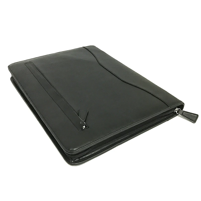 High End Leather File Folder Organizer Custom PU Business Document Zippered Bag Portfolio With Letter-Size Notepad