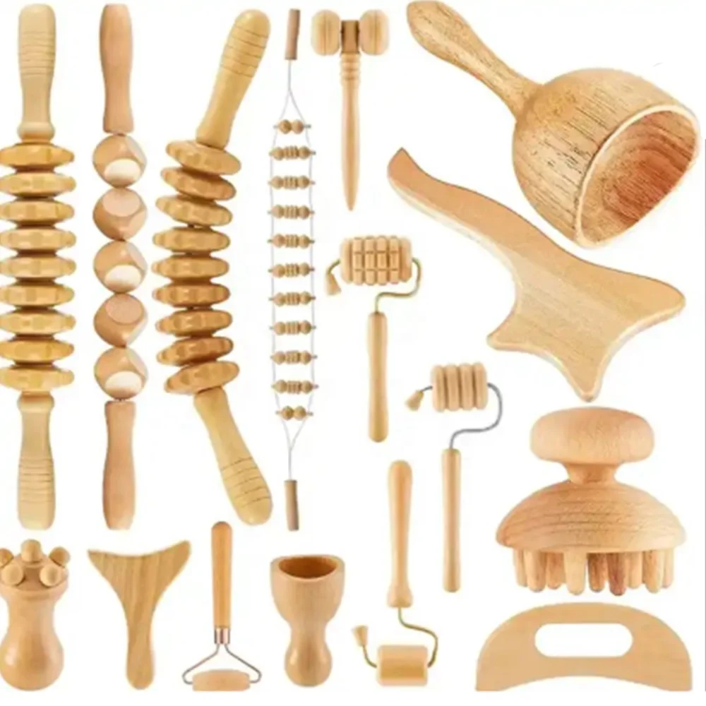 Wholesale Solid Beech Wood Massager Rolling Stick Scraping Board Lymphatic Gua Sha Wood Therapy Massage Cup Head Massage Set