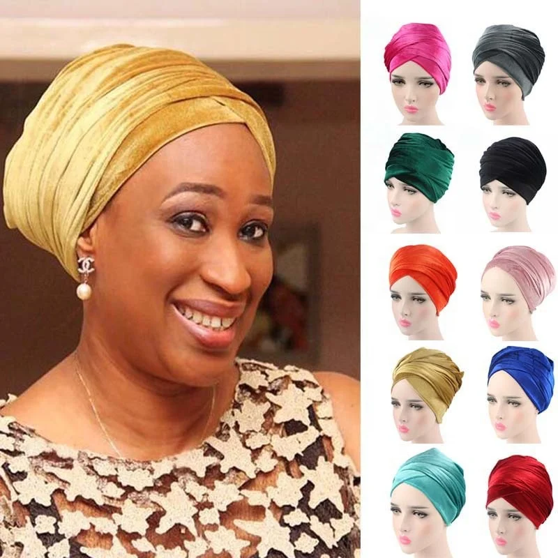 African Velvet Luxury Multifunction Head Wrap Soft Stretchy Tube Long Muslim Hijab Scarf Turban For Women