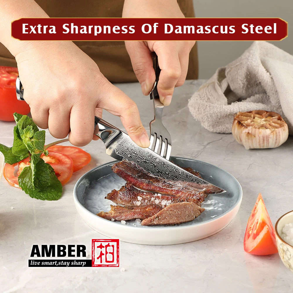 Amber OEM  Restaurant Cutlery  4 Piece Steak Knives Set Damascus steel Japan Beef Steak knife