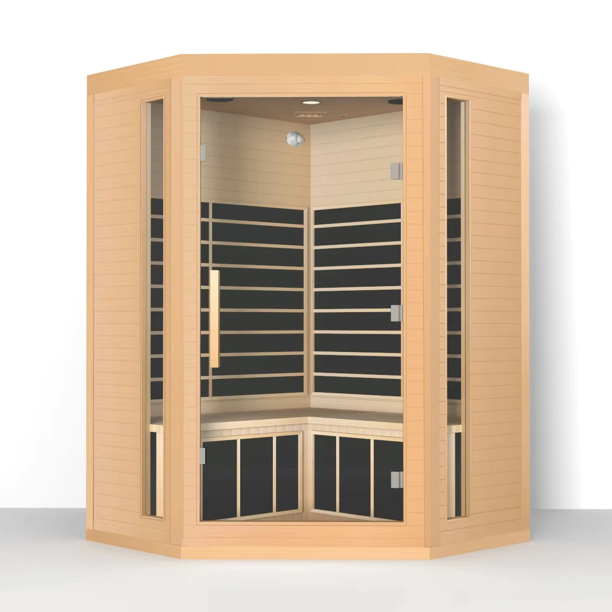 Corner Solid Hemlock/Red Cedar Home Wooden Sauna Carbon Panel 4 Person Size Infrared Sauna Room