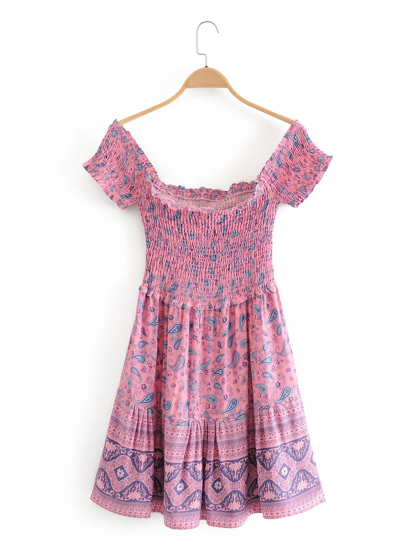 
Summer 2020 New Women Casual Dress Lady Bohemian Holiday Style Floral printed Word Shoulder Slash neck Short Sleeves Short Dress 