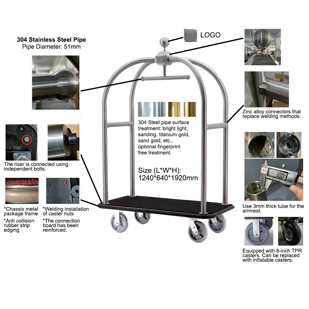 Hotel Lobby Service A-shaped Luggage Trolley Stainless Steel Pipe Baggage Cart OEM Custom Manufacturer Wholesale