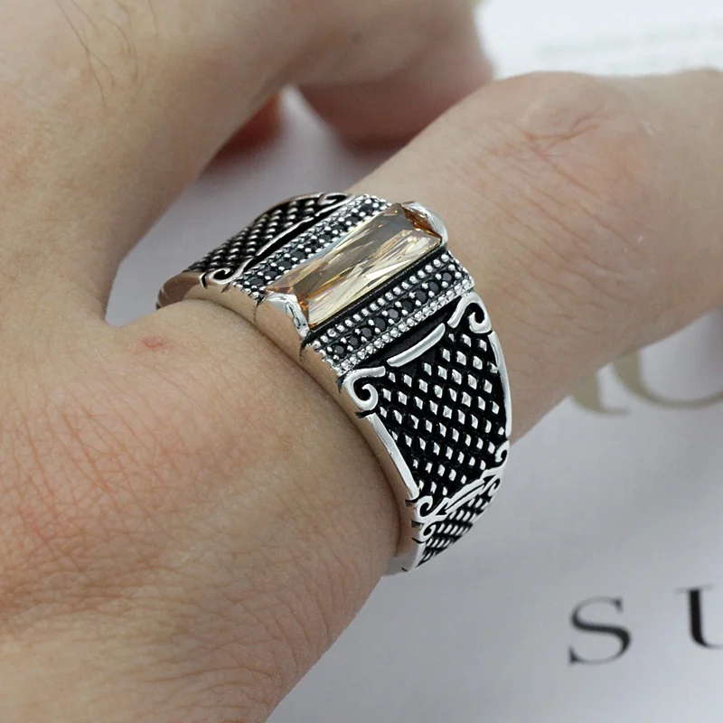 Men Ring Gold Color Simple Single 925 Silver Cubic Zirconia Rings Jewelry European Punk Style for Man Street Fashion Jewelry