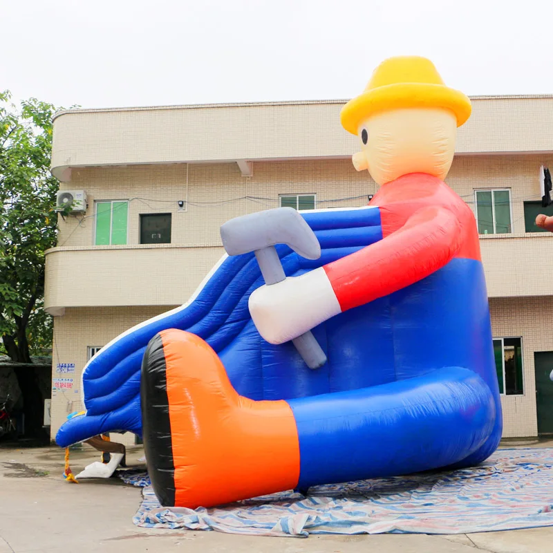 
5*8 m customized cartoon man worker inflatable advertising of water slide 