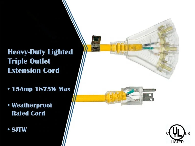 50 ft 10 gauge extension cord Heavy Duty 3 Outlet Lighted SJTW Indoor Outdoor Extension Cord
