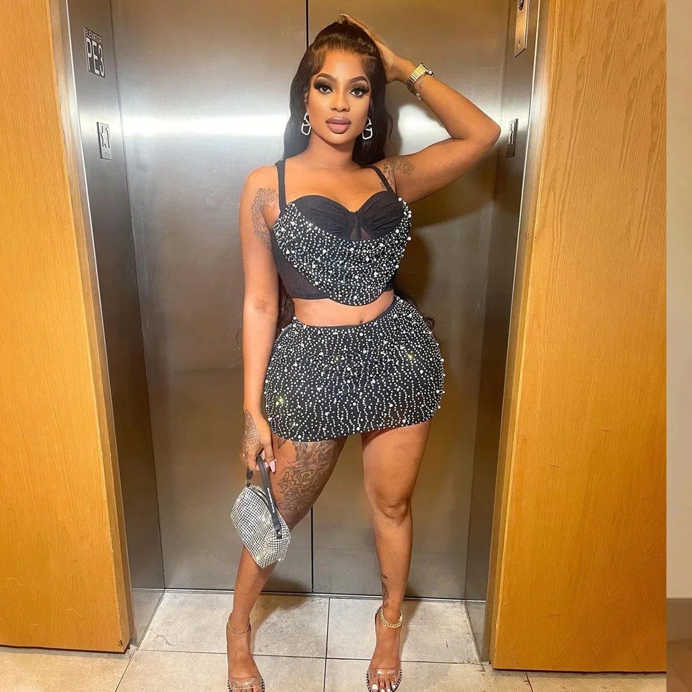 IHOOV Fashionable Short Top and Bodycon Skirt with Rhinestone Embellishments Two-Piece Set for Women