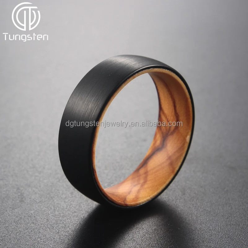 Olive Wood Ring 8mm Tungsten Sleeve Comfort Fit Black Silver Dome Beveled Forest