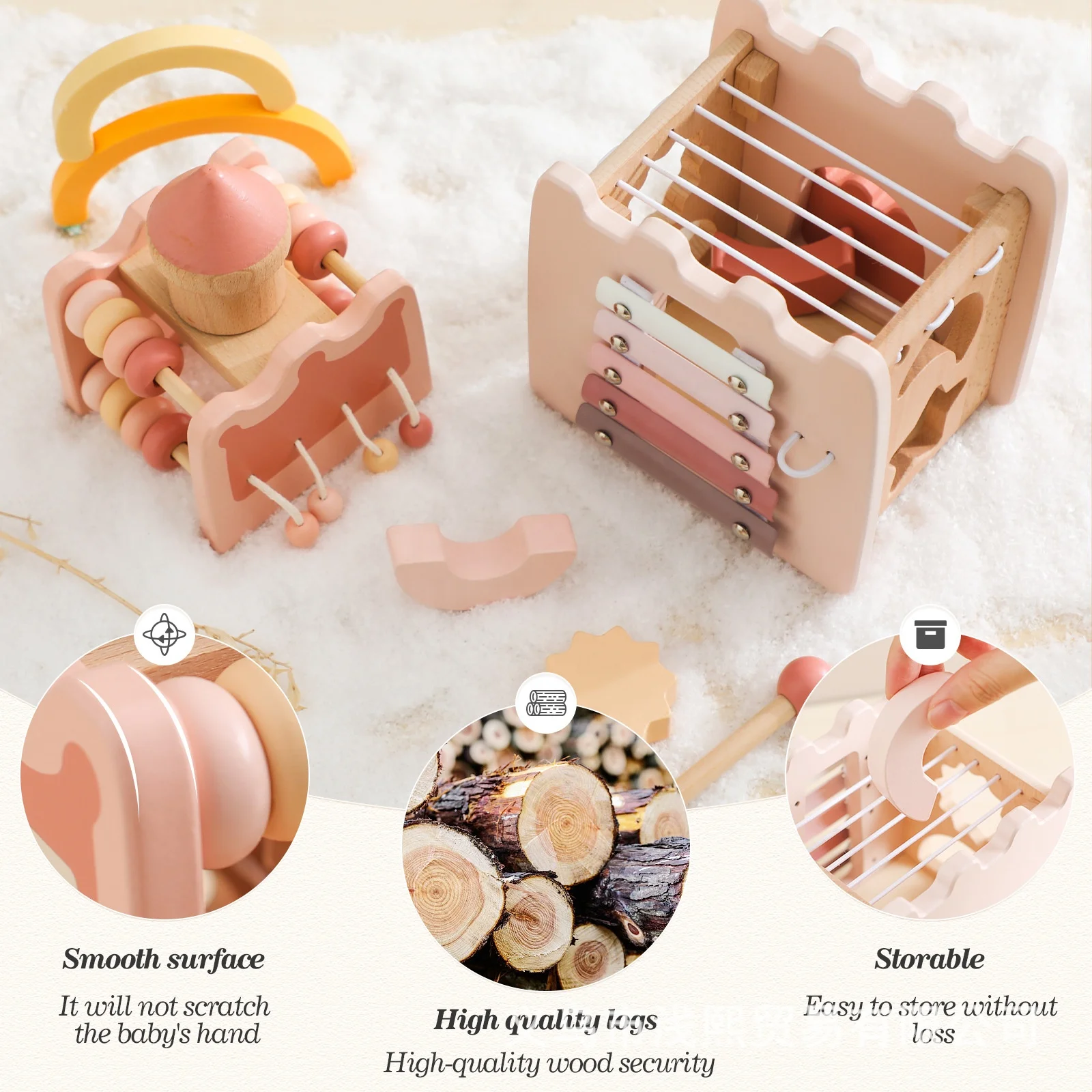5 in 1 Montessori wooden pink castle blocks Activity Busy Cube toys for Kids girls Xylophone Education Musical Instrument