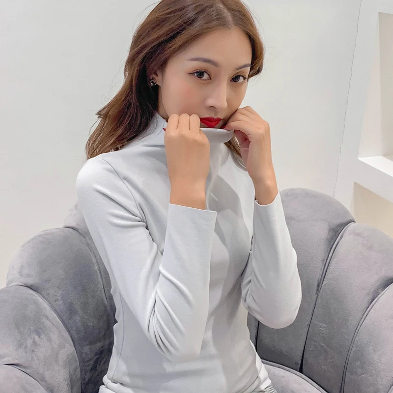 New 2021 Winter Women Basic T Shirt Long Sleeve Turtleneck Elastic Underwear T-Shirts For Women Candy Color Tops Tees Camisetas