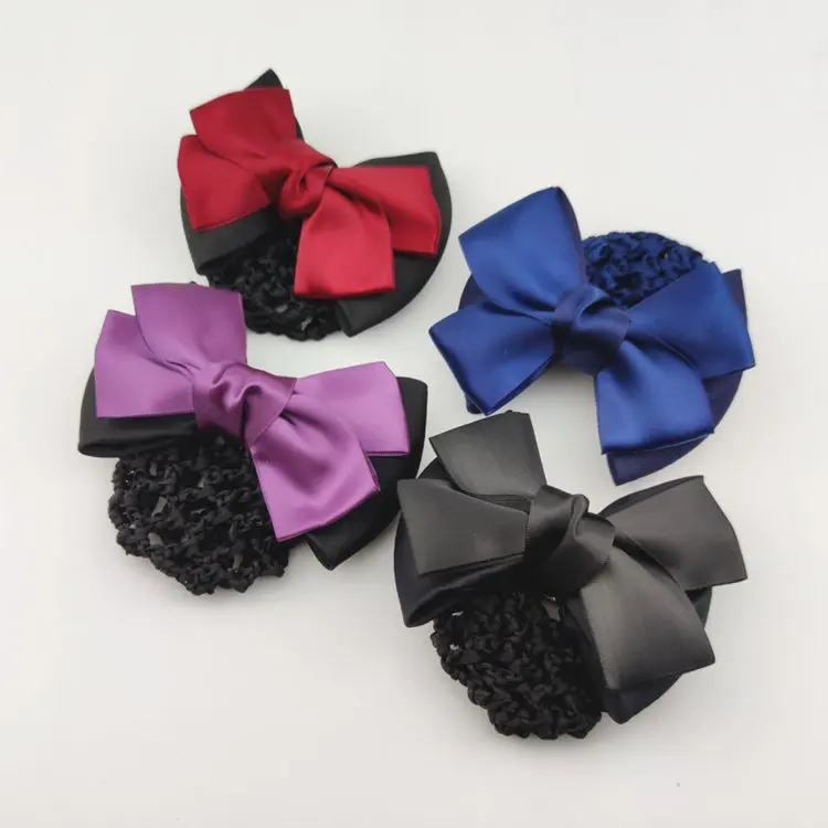 Hot selling bow stretch fabric hair net hair clips for business women hair accessories