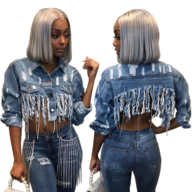 
Women Fall Sets Stylish Ripped Distressed Tassel Crop Denim Jean Women Washed Fashion Boutique Clothing Sexy Denim Jacket Women 