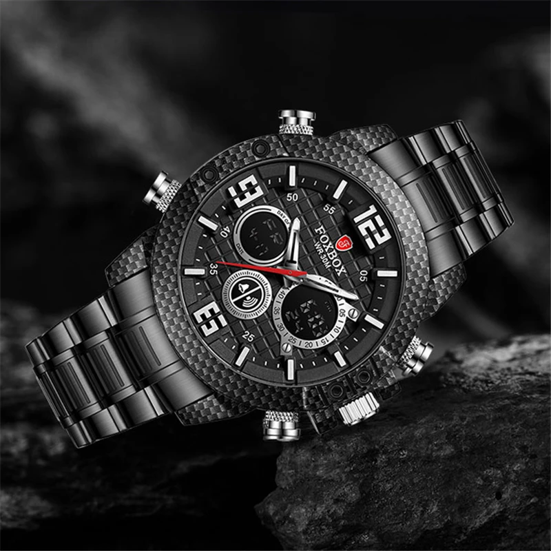 LIGE FOXBOX Men Luxury Wrist Watches Black Luxury Sports Chronograph Waterproof Digital Watches For Men