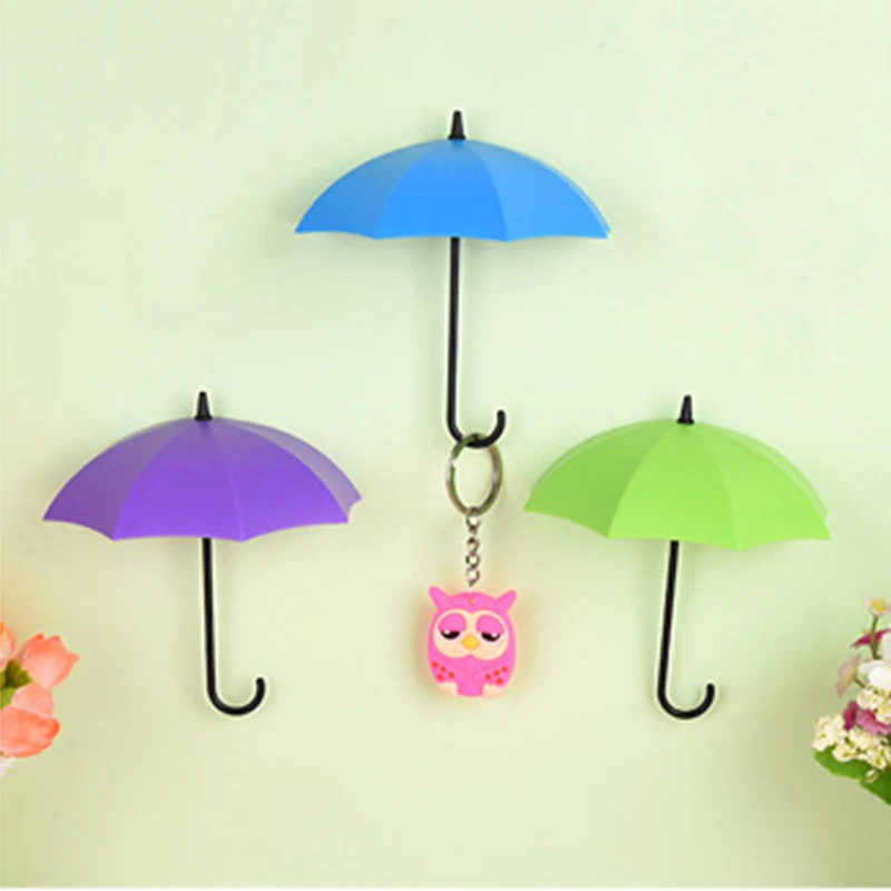3Pcs/Set Umbrella Shaped Wall Hooks Creative Key Hanger Hook Cute Sticky Holder Decor Hook Kitchen Bathroom Bedroom Accessories