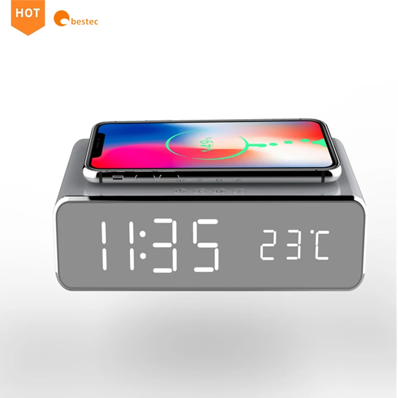 Multi-Function qi Wireless Charger with Desktop LED Digital Thermometer Clock and Time memory for Bedroom,Table