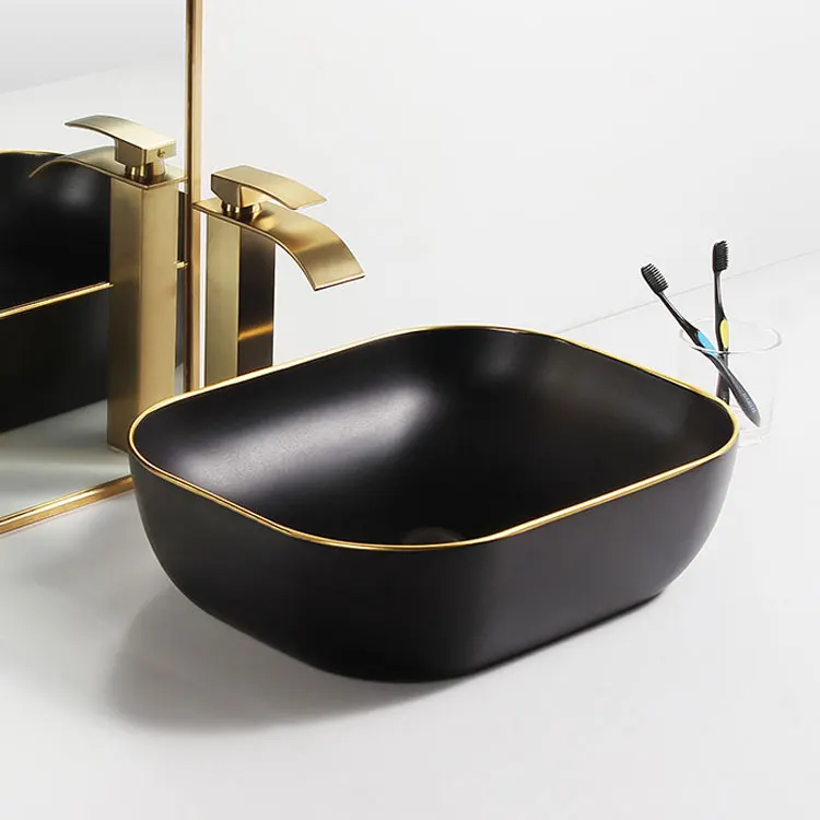 2022 China hot selling oval Basins bathroom sanitary ware sink bowl reasonable price matte black basin with gold line