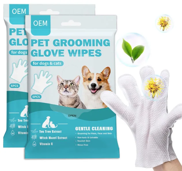 Factory Wholesale Custom Logo Disposable Non-woven Fabric Cat Cleaning Gloves Dog Pet Gloves Wet Wipes