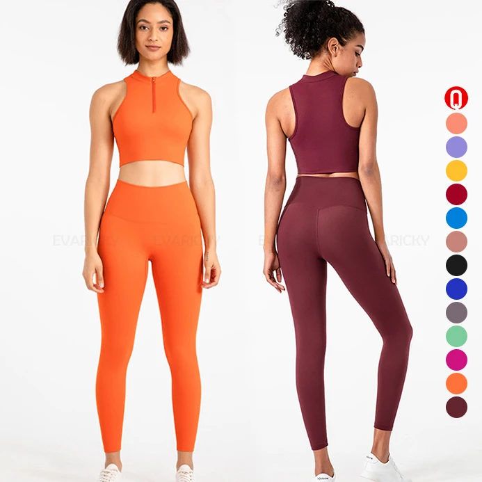 gym clothing active wear yoga bra and pants set front zipper design sports bra and no front seam leggings set