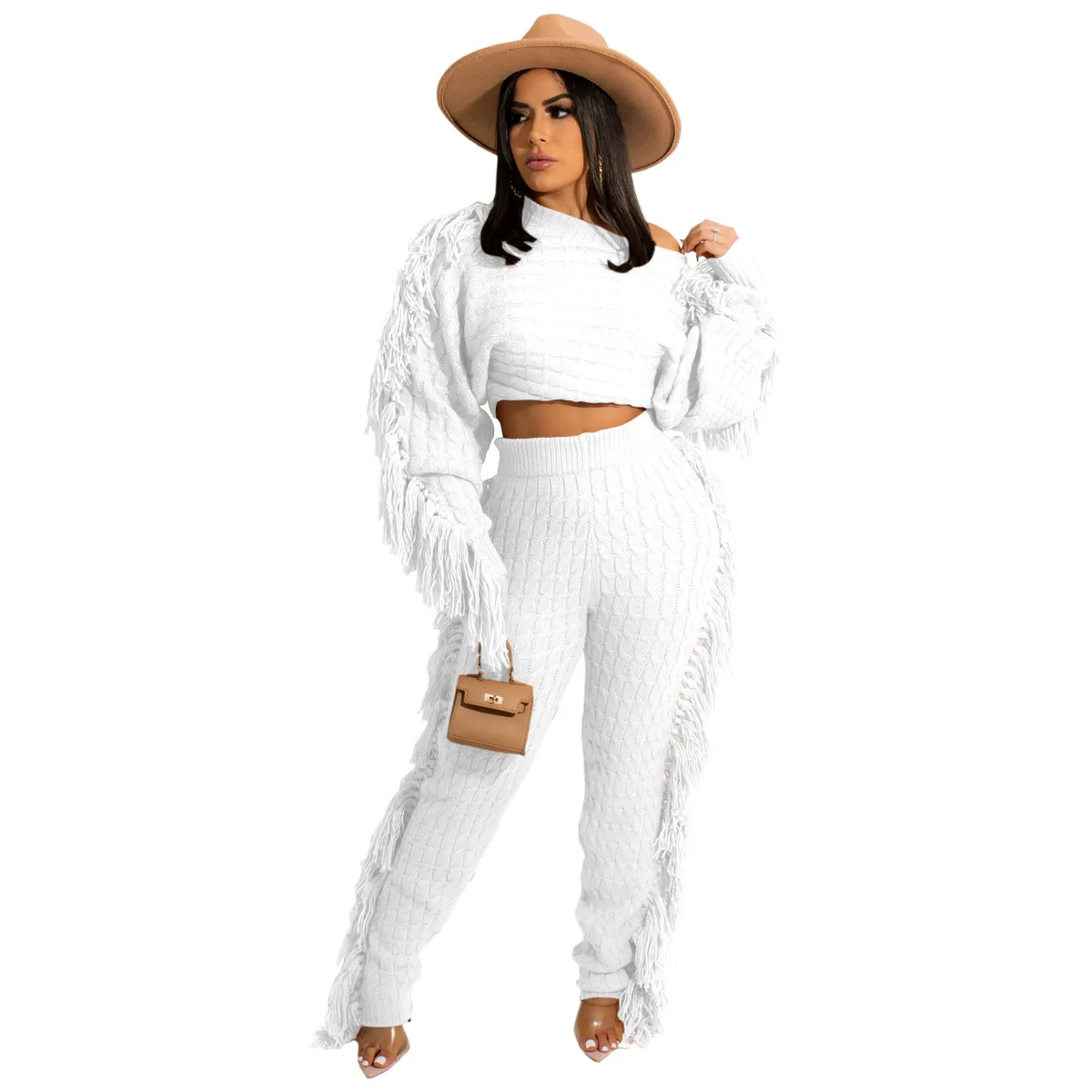 2022 New Arrivals Fashion Women Casual Long Sleeve Crop Slim Pants 2 Piece Set Side Tassel Knitted Suit