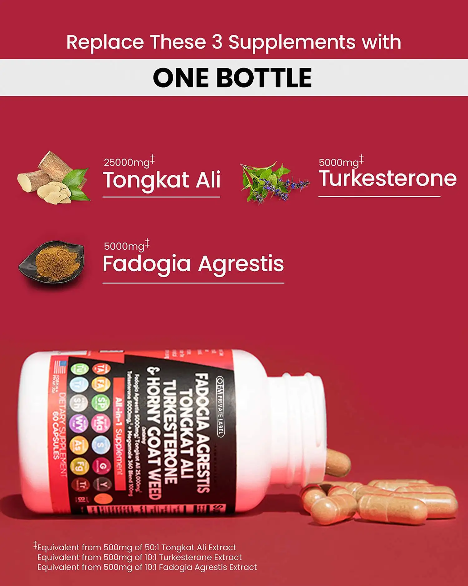 Капсулы Fadogia Agrestis Tongkat Ali Turkesterone 5000 мг с добавкой травки роговой козы