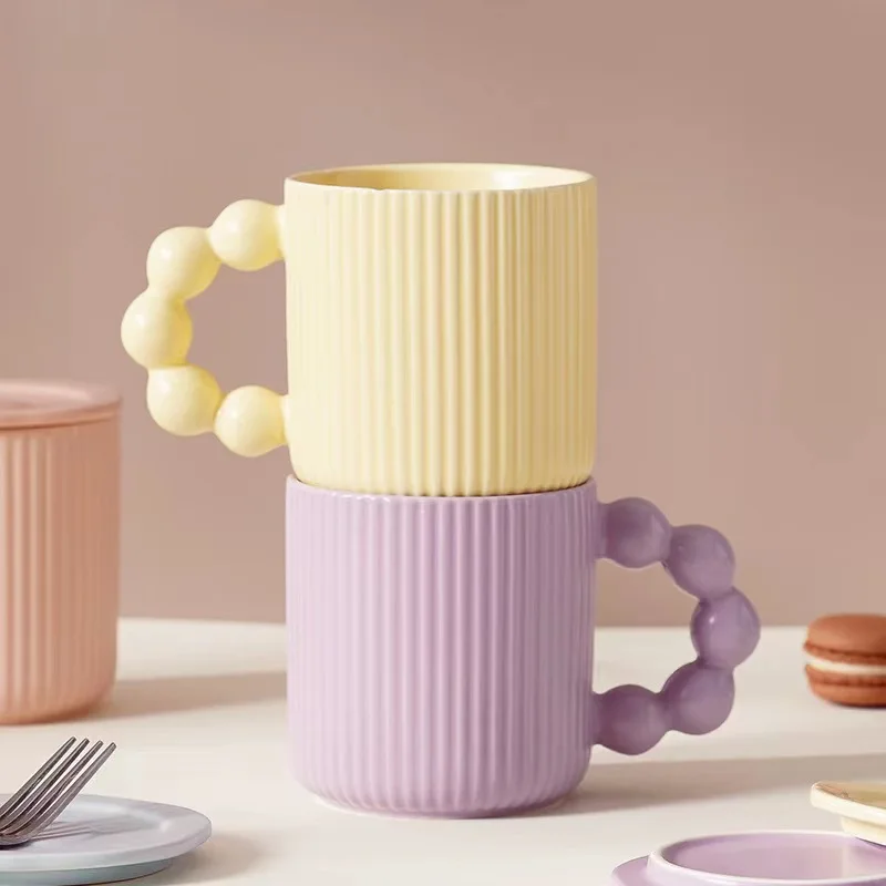 ins Nordic creative personality macaron striped ceramic mug bead handle office water cup