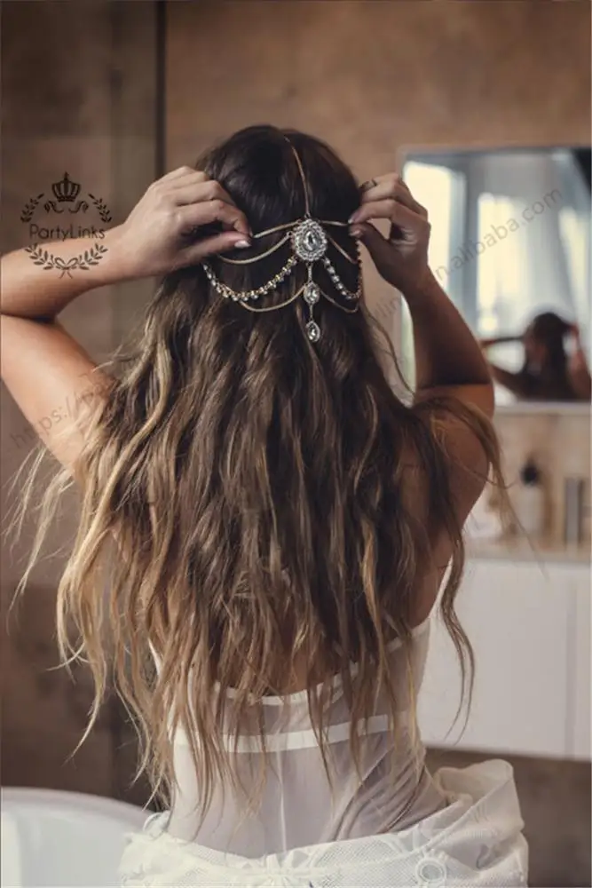 Turkey Kundan Stone Head Chain Crown Rhinestone Back Hold Headbands Headpiece Bridal Wedding Hair Accessories Jewelry Tiara