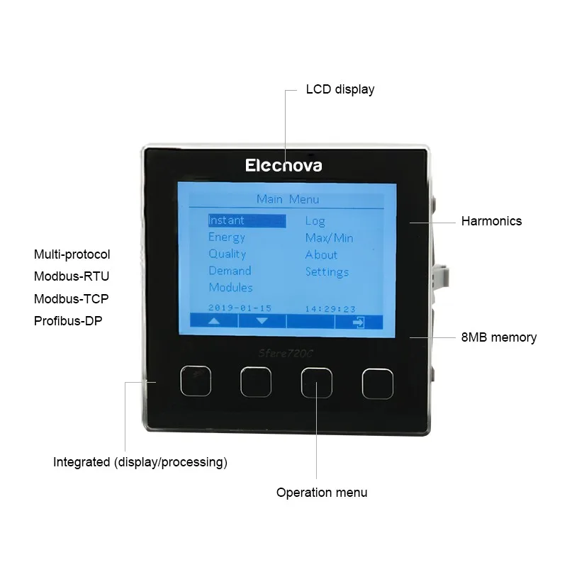 Sfere720C LCD modbus/profibus tariff multifunctional power meter data logger