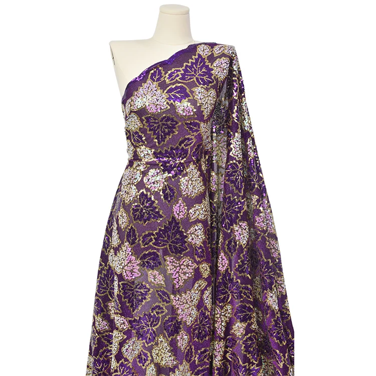 Gold Fabric Sequins Lace Fabric Embroidery Mesh Purple Embroidered Fabrics African Lace