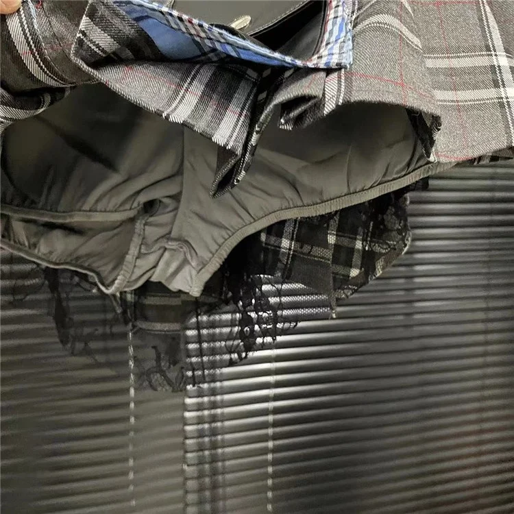 2024 Summer New Patchwork Plaid Irregular Pleated Mini Skirt For Women Zipper Pockets Lace Design Skirts