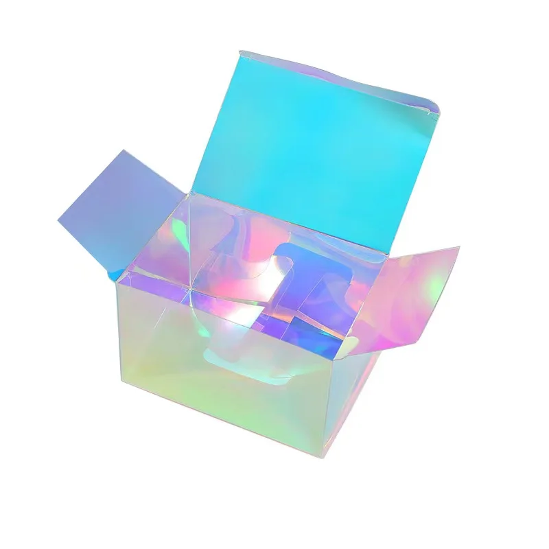 UNIQUE CLEAR PVC PET HOLOGRAPHIC RAINBOW PRINTED PACKAGING BOX PLASTIC  COSMETIC BOX WHOLESALE