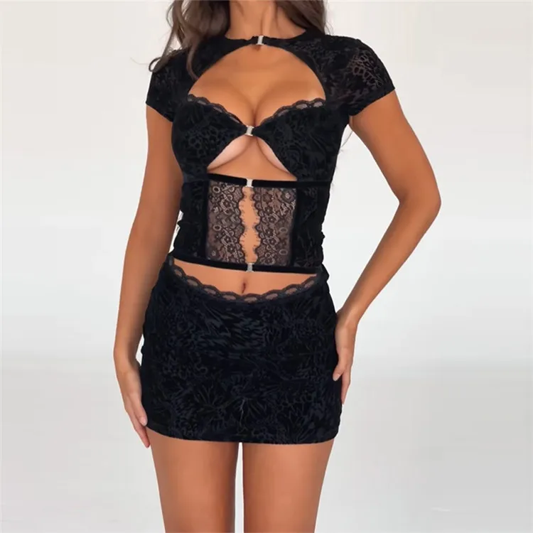 F3463-fashion summer 2024 black party dress lace flocking sexy hollow out dress for ladies