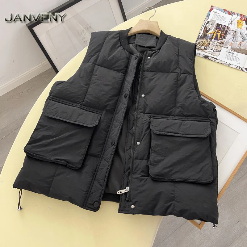 JANVENY 2022 New Winter V-neck Single Breasted Down Vest Women Elegant Wide Shoulder Pockets Stand Collar Loose Puffer Waistcoat