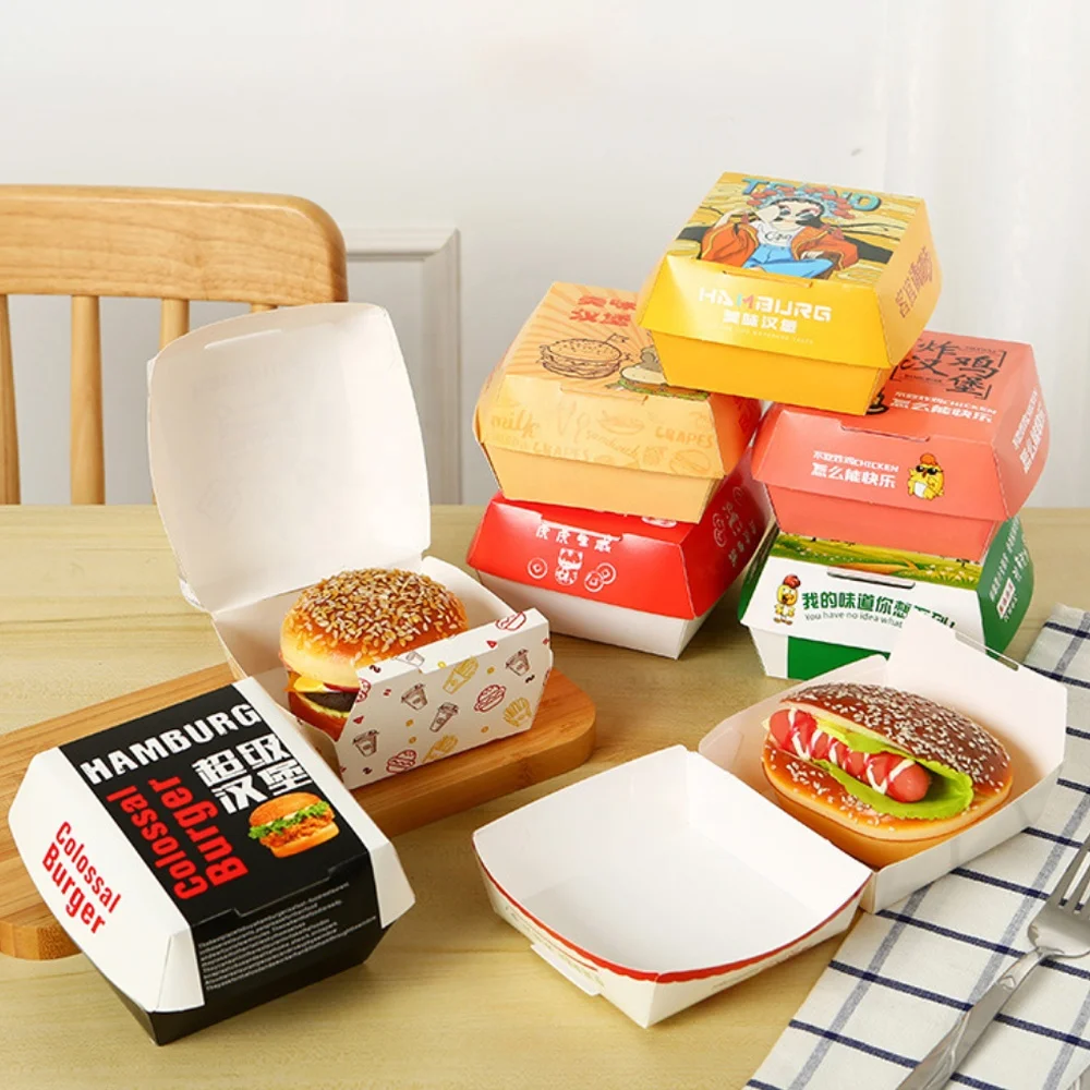 Biodegradable Take Away Food Boxes Food Packaging Hamburger Box Snack Box Square French Fries Fried Chicken Nuggets Carton Paper