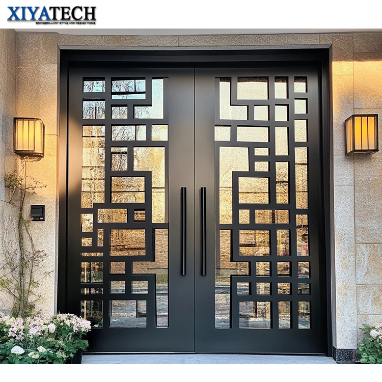 XIYATECH Residential Large Size Storm Security Front Entry Wrought Iron double Entry Door with Smart Lock