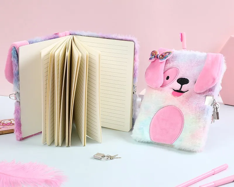 A5 Fluffy notebook Writing Plush Cover Notepad stationary cute Cartoon dog Girl school Supplies diary fancy notebooks with lock