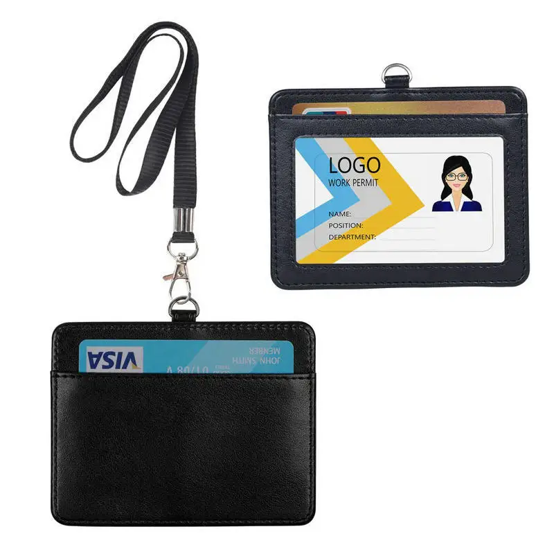 PU Leather ID Tag Working Permit Case for Staff Employee Pass Work Card Cover Badge Holder Sleeve with Lanyard ID Tag Neck Strap