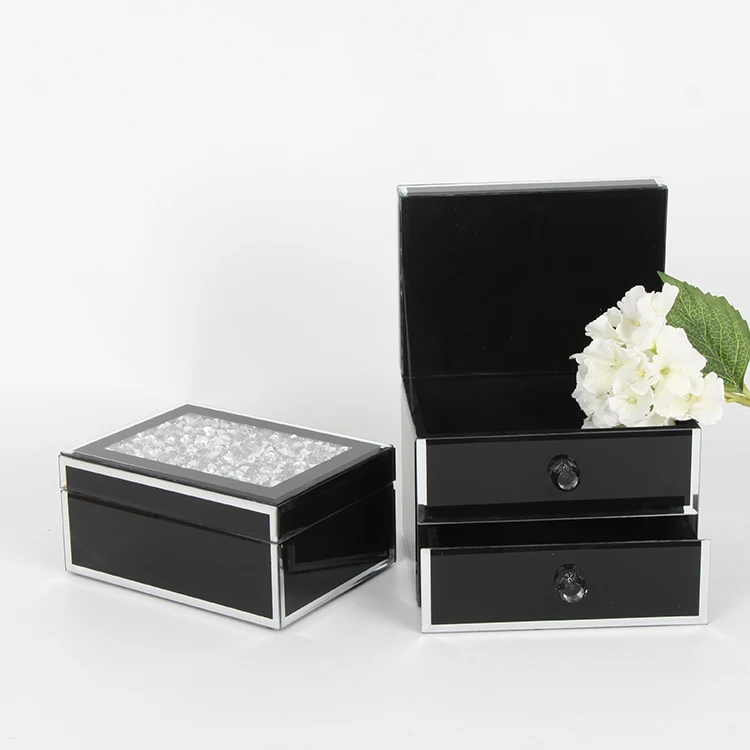Black Luxury Glass Jewelry Box with Clear Stone Custom-Made Wedding Gift Two Layers Drawer Type Similar to a Photo Frame