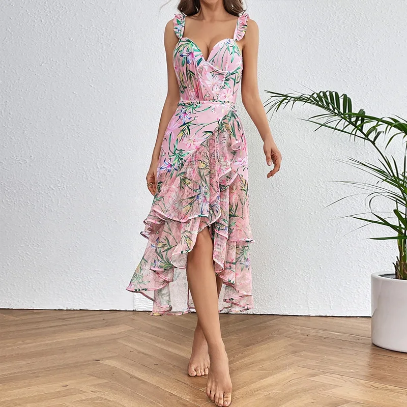 New French High Waist Print Deep V Neck Ruffle Bikini One Floral Beach Vacation Matching Swimsuit