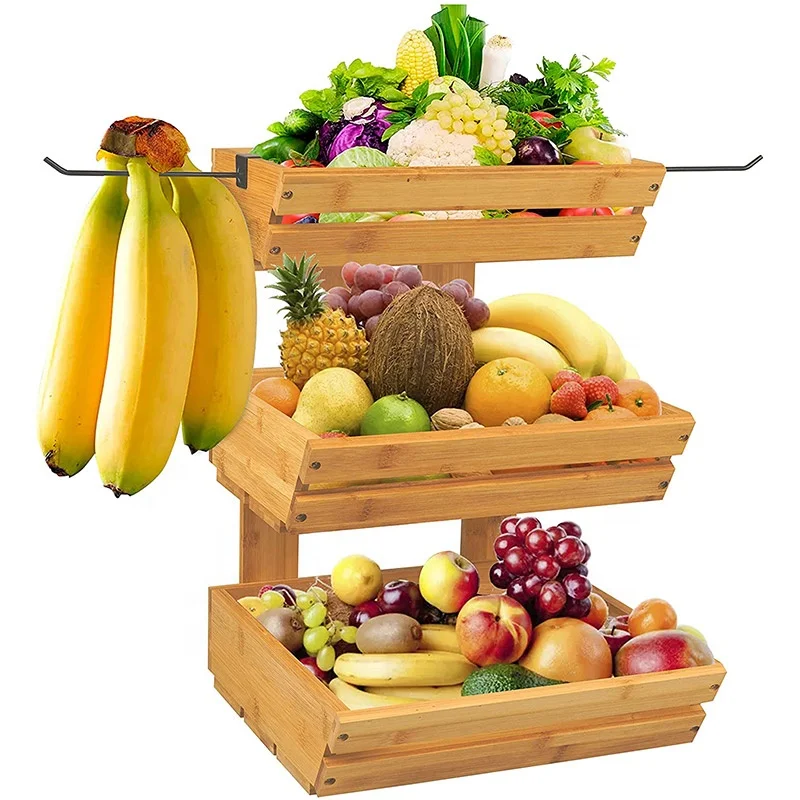 Sample Avaliable Wholesale 3 Tier Standing Bamboo Basket With Banana Hangers, for Fruits, vegetables, Snacks, or Bread