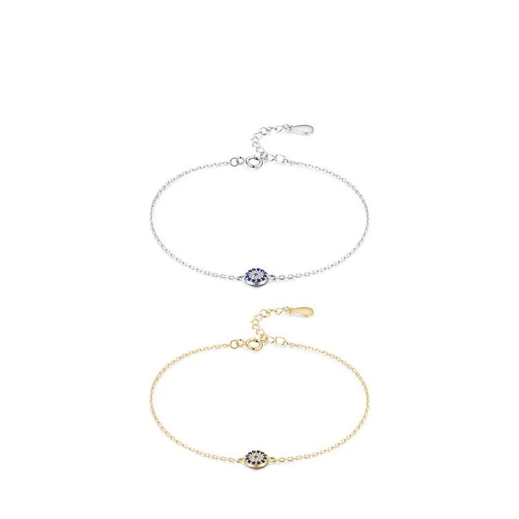 Hot Wholesale 925 Sterling Silver Gold Plated Lucky Blue Zircon Geometric Circles Evil Eye Bracelet
