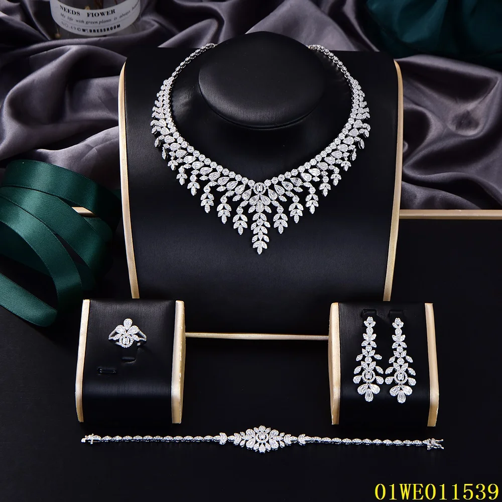 Uae Luxury Bling Heavy Cz Stone Paved 4pcs Saudi Arabian Party Stone Woman 925 Sterling Silver Bridal Jewelry Sets For Wedding